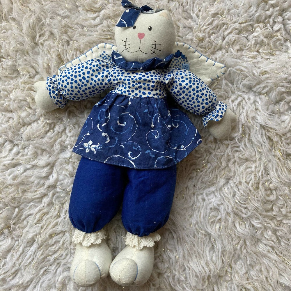 Prima Creations Cat Decoration Angel Kitty Blue Wings Holiday Vintage Inspired.